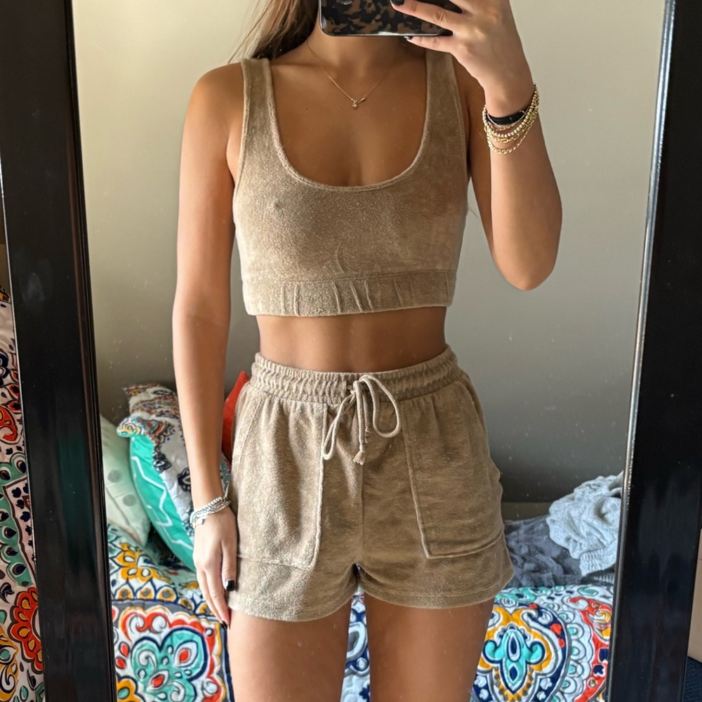 Zara Tan Towel Material Crop Top and Shorts Set